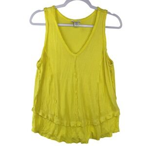 Bar III Womens Yellow Ribbed V-Neck Tank Top Raw Seam Layered Hem Large